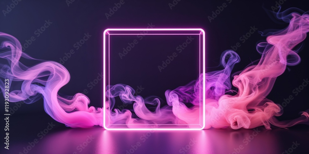 Obraz premium neon light square with colored smoke in pink and purple flowing through the square