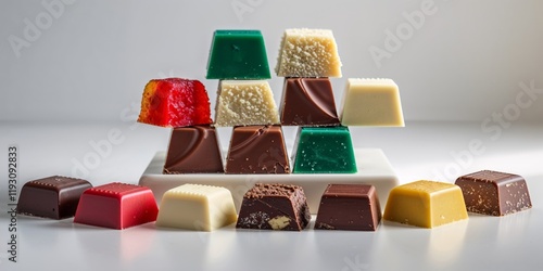 Assorted gourmet chocolate squares in vibrant colors and textures photo