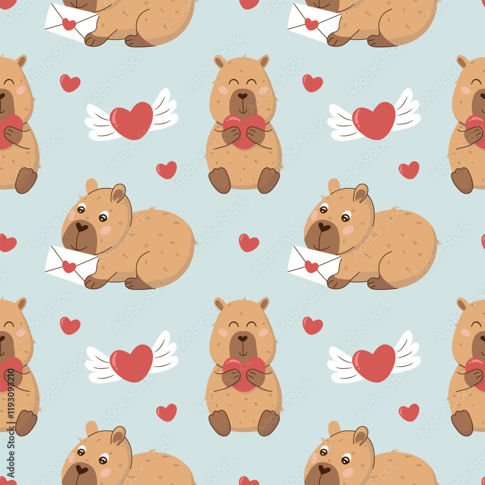 Seamless Valentine's Day vector pattern with cute capybaras, a heart and a letter on a blue background. Perfect for gift wrapping, fabric, wallpaper and digital design. Playful and quirky style. Seamless Valentine's Day vector pattern with cute capybaras, a heart and a letter on a blue background. Perfect for gift wrapping, fabric, wallpaper and digital design. Playful and quirky style.