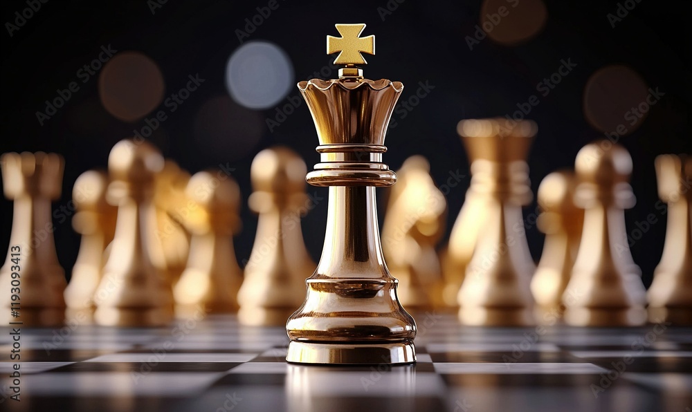 Gold queen chess piece on a board with other pieces in the background, strategy concept Gold queen chess piece on a board with other pieces in the background, strategy concept