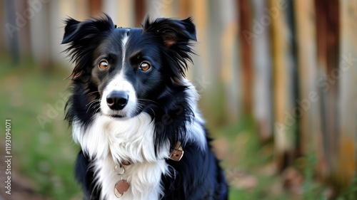 Portrait of a black and white dog with a loving expression, ideal for pet care and companionship themes photo