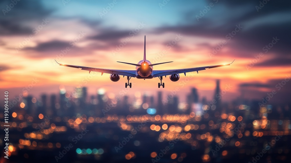 Airplane in Flight at Twilight Over a Blurred Cityscape with Warm Colors and Atmospheric Clouds Airplane in Flight at Twilight Over a Blurred Cityscape with Warm Colors and Atmospheric Clouds