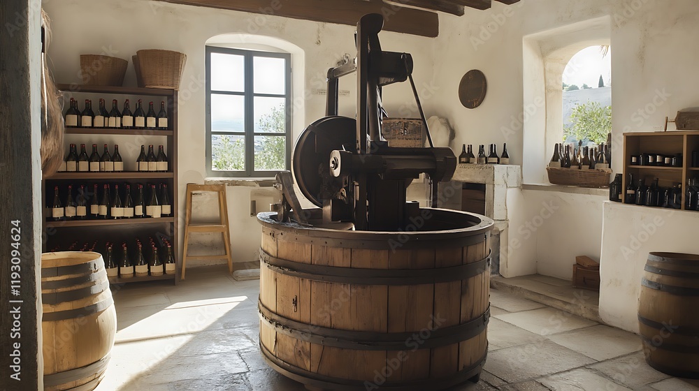 Ancient Wine Press in Rustic Cellar Ancient Wine Press in Rustic Cellar