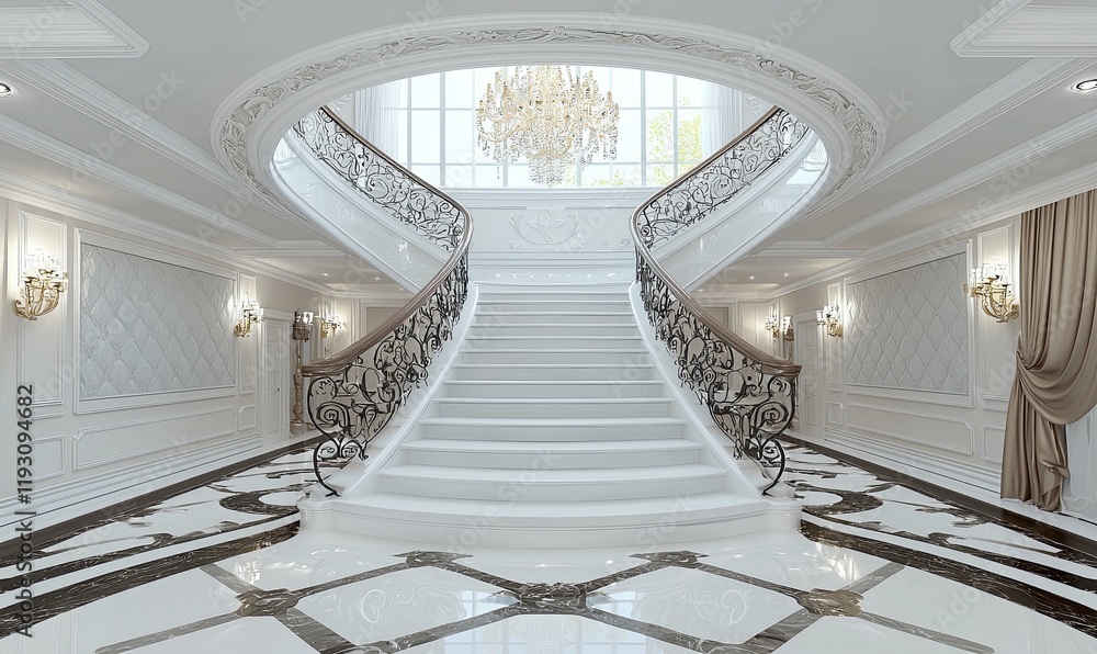 Obraz premium Grand white staircase in luxury mansion foyer with marble floor and chandelier