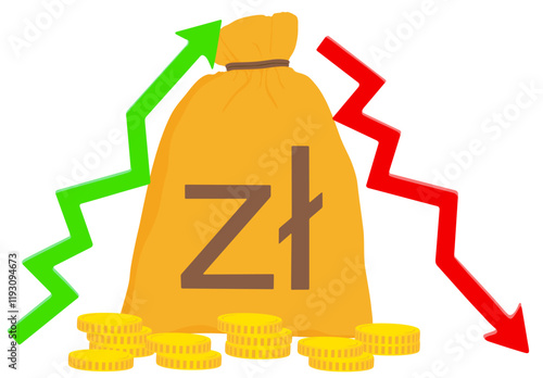 Money bag on which Polish zloty sign and two arrows of profit loss. Debit and credit. Capital movement. Trade balance. Pile of coins.