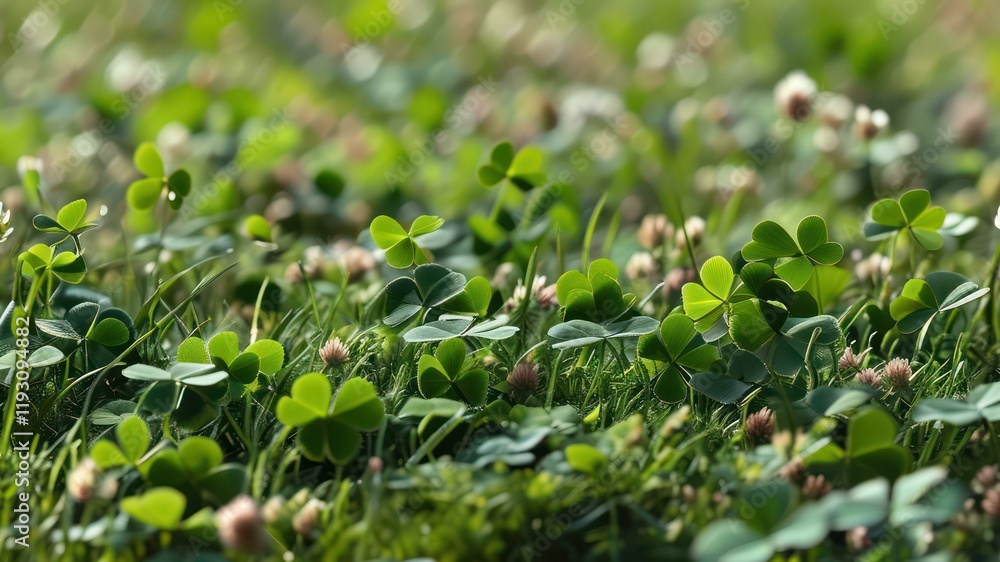 Lush green clover and grass create tranquil outdoor scene symbolizing growth and nature's vibrancy Lush green clover and grass create tranquil outdoor scene symbolizing growth and nature's vibrancy