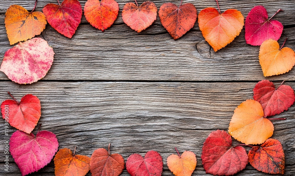 Fototapeta premium Heart-shaped autumn leaves frame on rustic wood background, copy space for fall themes