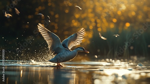 A graceful duck gliding across a sunlit pond with its wings wide open, capturing a moment of freedom and beauty, as the sun sets in the background in rich tones. photo