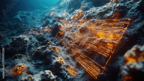 Underwater glowing data, ocean floor, digital, background, tech concept