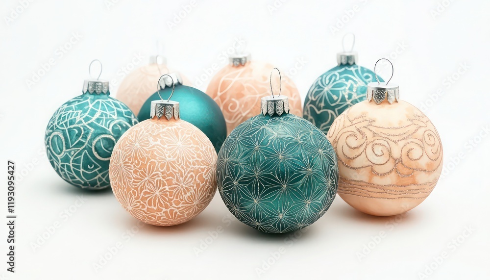 Elegant teal and peach watercolor Christmas balls with intricate patterns isolated Elegant teal and peach watercolor Christmas balls with intricate patterns isolated