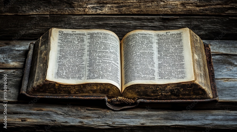 Obraz premium Sacred Scripture placed reverently on weathered timber