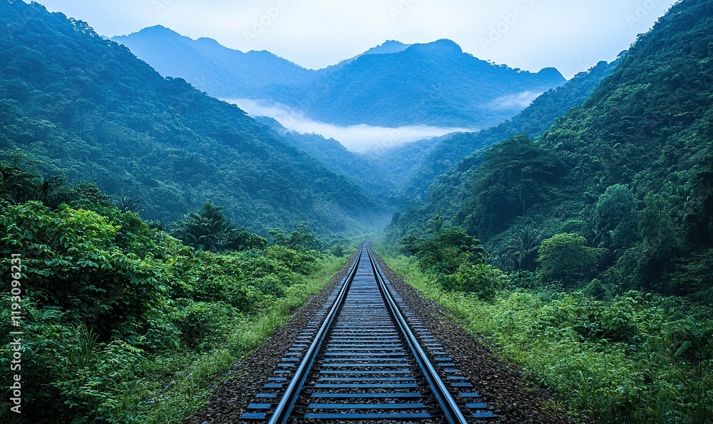 Fototapeta premium Misty mountain railway track disappearing into forested valley at dawn