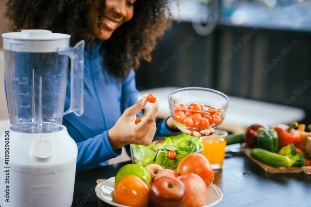 African American woman sitting  table, enjoying a colorful salad orange juice, highlighting the health benefits of five-color fruits vegetables, rich in antioxidants, reducing cancer risks,wellness