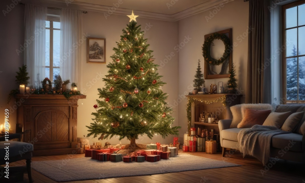 A beautifully decorated Christmas tree in a cozy living room, holiday arrangements, home interior, festive furniture A beautifully decorated Christmas tree in a cozy living room, holiday arrangements, home interior, festive furniture