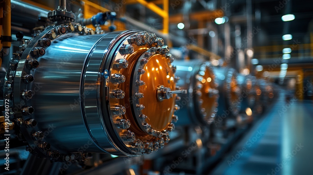 Industrial Machinery Close-Up in Modern Factory Setting, Featuring High-Tech Components and Advanced Engineering with Dynamic Lighting and Detailed Textures Industrial Machinery Close-Up in Modern Factory Setting, Featuring High-Tech Components and Advanced Engineering with Dynamic Lighting and Detailed Textures