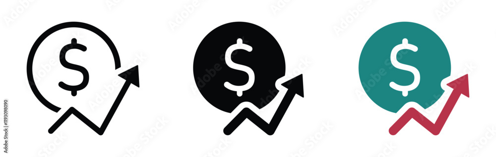 Dollar coin money with growth arrow icon. Dollar rate increase vector icon design set Dollar coin money with growth arrow icon. Dollar rate increase vector icon design set