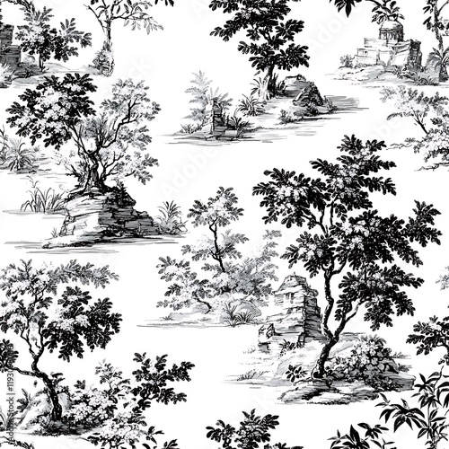 Wallpaper Mural Black and White Minimalist Toile de Jouy Seamless Pattern Design Torontodigital.ca