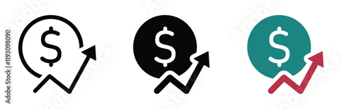 Dollar coin money with growth arrow icon. Dollar rate increase vector icon design set