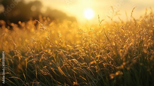 A vast field of golden grass illuminated by the setting sun, creating a warm and nostalgic atmosphere, capturing the essence of beauty and peace in nature. photo