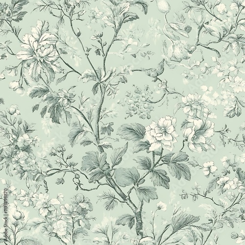 Wallpaper Mural Delicate Seamless Toile de Jouy Pattern with Floral Motifs in Green Torontodigital.ca