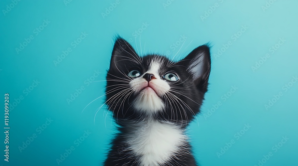 Adorable Tuxedo Kitten Gazing Upwards Against a Vibrant Teal Background Adorable Tuxedo Kitten Gazing Upwards Against a Vibrant Teal Background