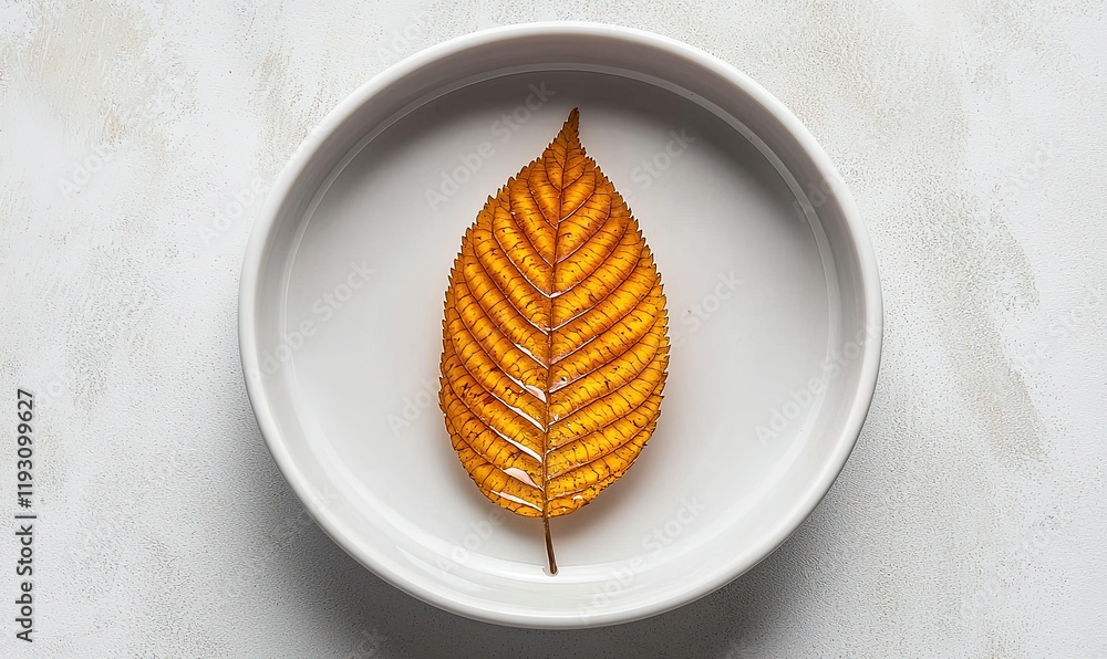Single golden autumn leaf in white bowl on textured background Single golden autumn leaf in white bowl on textured background
