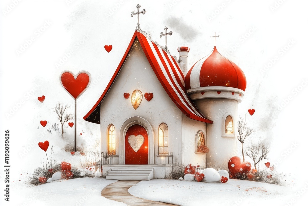 Fototapeta premium A whimsical drawing of a brightly lit Vegas wedding chapel, surrounded by heart-shaped decorations, on a crisp white background