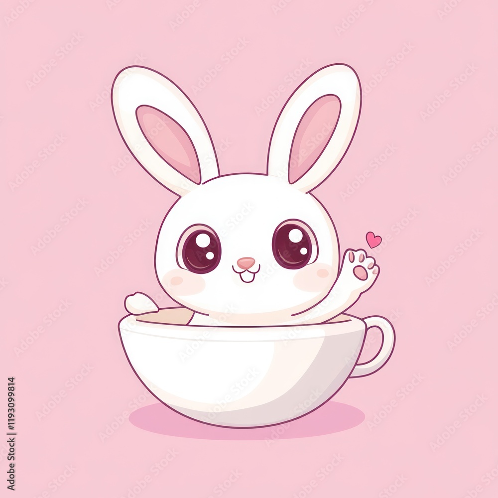 Fototapeta premium Cute bunny in teacup, waving, pink background, children's illustration