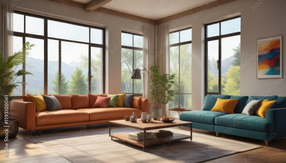 Fototapeta premium A living room with a large window, comfortable furniture and a coffee table, home decor, living room, simple