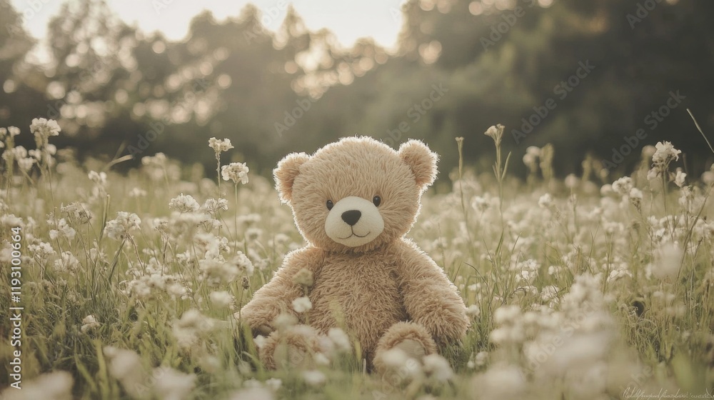 Teddy bear sits in a field of flowers at sunset. Teddy bear sits in a field of flowers at sunset.
