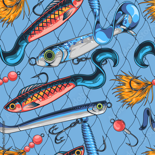 Colorful fishing lures on a blue background