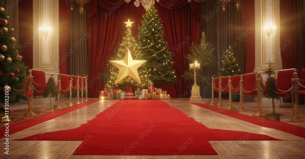 A luxurious red carpet with a towering Christmas tree in the background and a golden star shining brightly on it, elegant, star A luxurious red carpet with a towering Christmas tree in the background and a golden star shining brightly on it, elegant, star