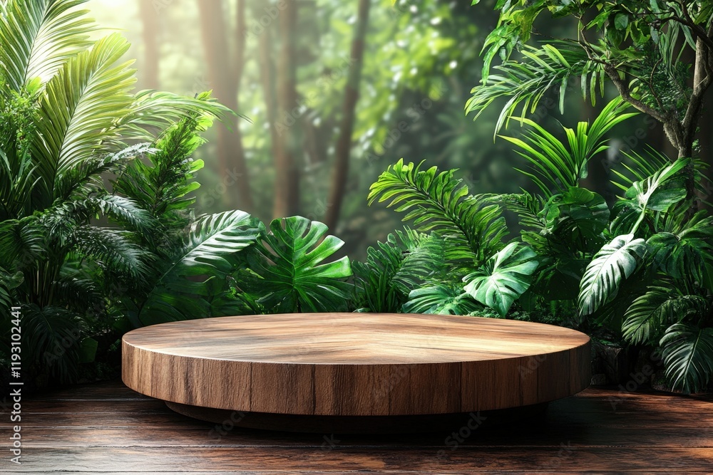 Beautiful Round Wooden Podium Set in Lush Greenery Surrounded by Vibrant Plant Life Perfect for Display or Presentation in Natural Environment Beautiful Round Wooden Podium Set in Lush Greenery Surrounded by Vibrant Plant Life Perfect for Display or Presentation in Natural Environment