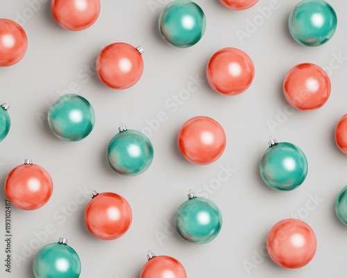 Playful coral and teal watercolor Christmas balls scattered on a light grey background photo