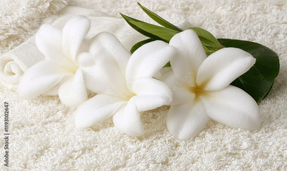 White flowers and leaves on soft towel, spa relaxation theme White flowers and leaves on soft towel, spa relaxation theme