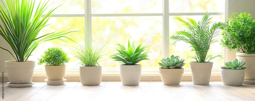 Indoor Plants on a Sunlit Windowsill in a Minimalist Setting for Tranquil Home Decor Indoor Plants on a Sunlit Windowsill in a Minimalist Setting for Tranquil Home Decor