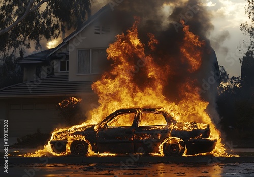 Car and House Engulfed in Flames at Night, LA, wildfires photo