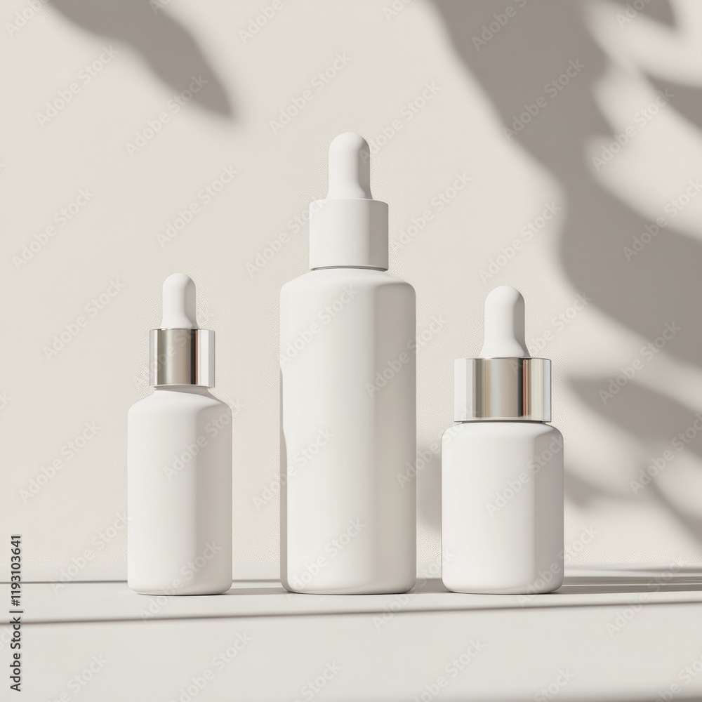 Minimalistic design showcases three elegant skincare bottles cas Minimalistic design showcases three elegant skincare bottles cas