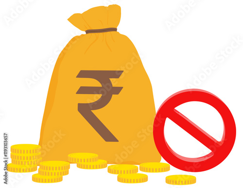 Forbidden money vector illustration. Prohibited red sign with money bag and coins. Bankruptcy financial.