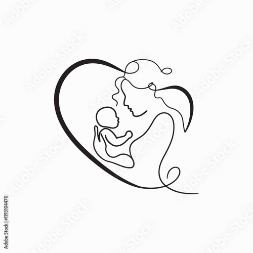 Mother and baby line art. Mom hugs child. Motherhood and newborn concept. Happy mother line vector illustration.