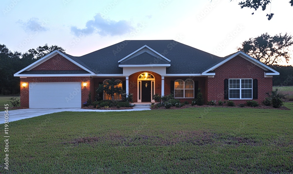 Obraz premium Brick house with lit entryway at dusk, green lawn, driveway, residential neighborhood.