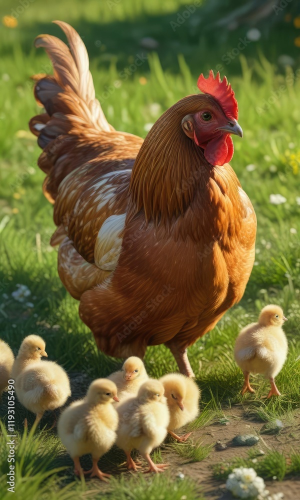 Fototapeta premium A mother hen watches over her chicks as they play and chase each other in the grass , bird, black hen, playful