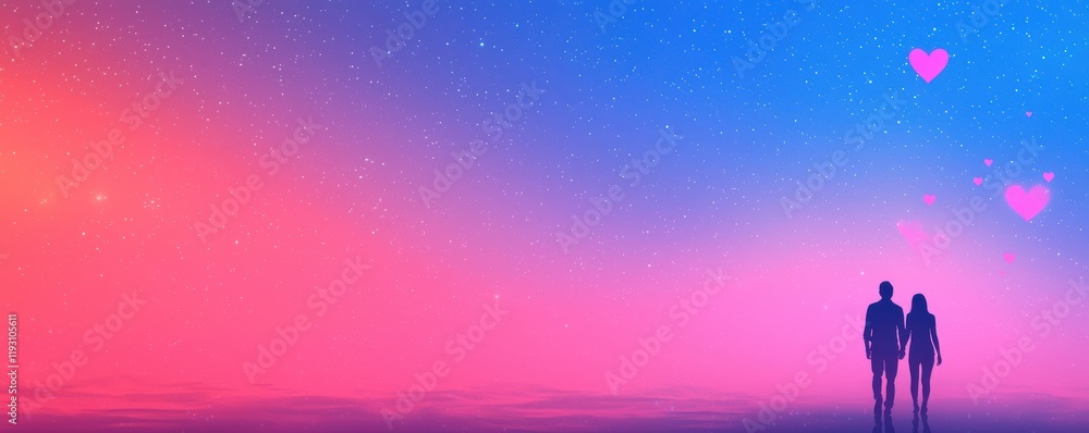 Obraz premium Valentine's day theme background. A romantic silhouette of a couple against a vibrant gradient sky filled with stars and hearts, evoking love and connection.