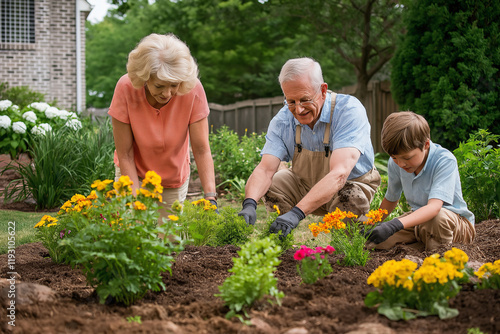 Wallpaper Mural Grandparents and grandson connect through gardening while planting flowers in a backyard garden during a sunny day Torontodigital.ca