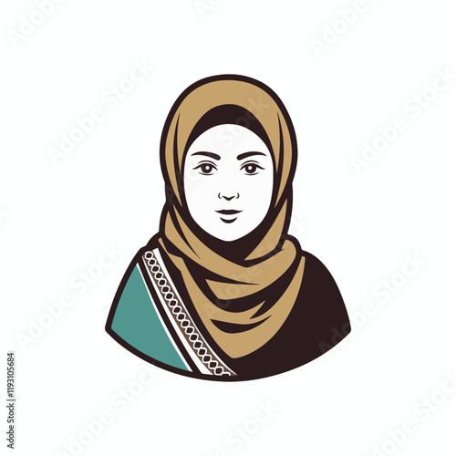 Portrait of young beautiful muslim woman in hijab, side view. Flat vector illustration