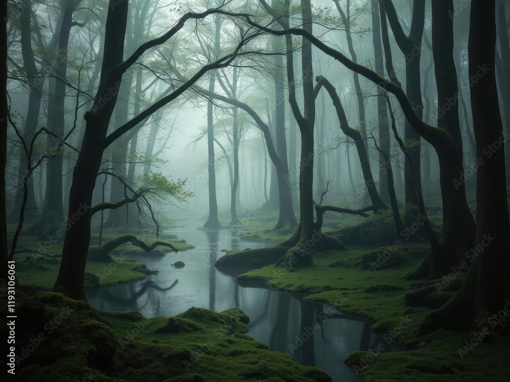 Obraz premium A mysterious swamp hidden deep within an enchanted forest, with moss-covered trees, misty waters, and lurking shadows, enchanted, shadows