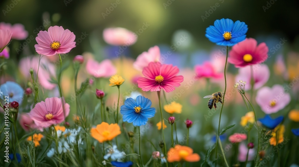 Vibrant Flowers in Bloom with Bees Collecting Pollen in a Garden Setting Under Natural Light Vibrant Flowers in Bloom with Bees Collecting Pollen in a Garden Setting Under Natural Light
