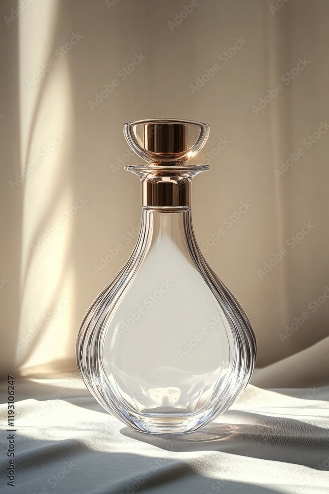 Elegant glass bottle with golden accents, illuminated softly by Elegant glass bottle with golden accents, illuminated softly by
