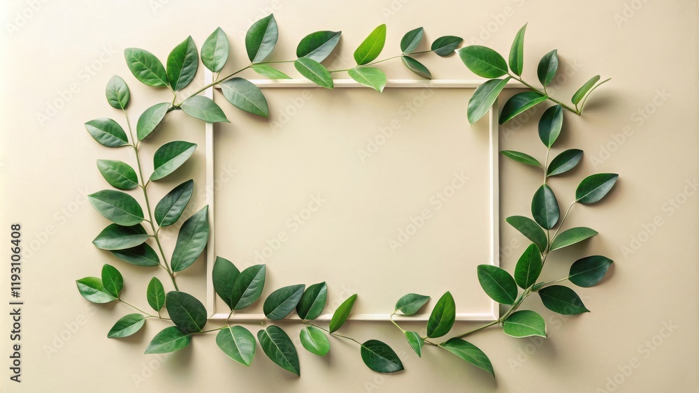 Naklejka premium Simple square frame surrounded by vibrant green leaves on a pale background