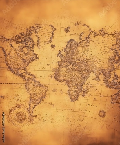 A detailed antique world map on aged parchment with warm, golden tones.